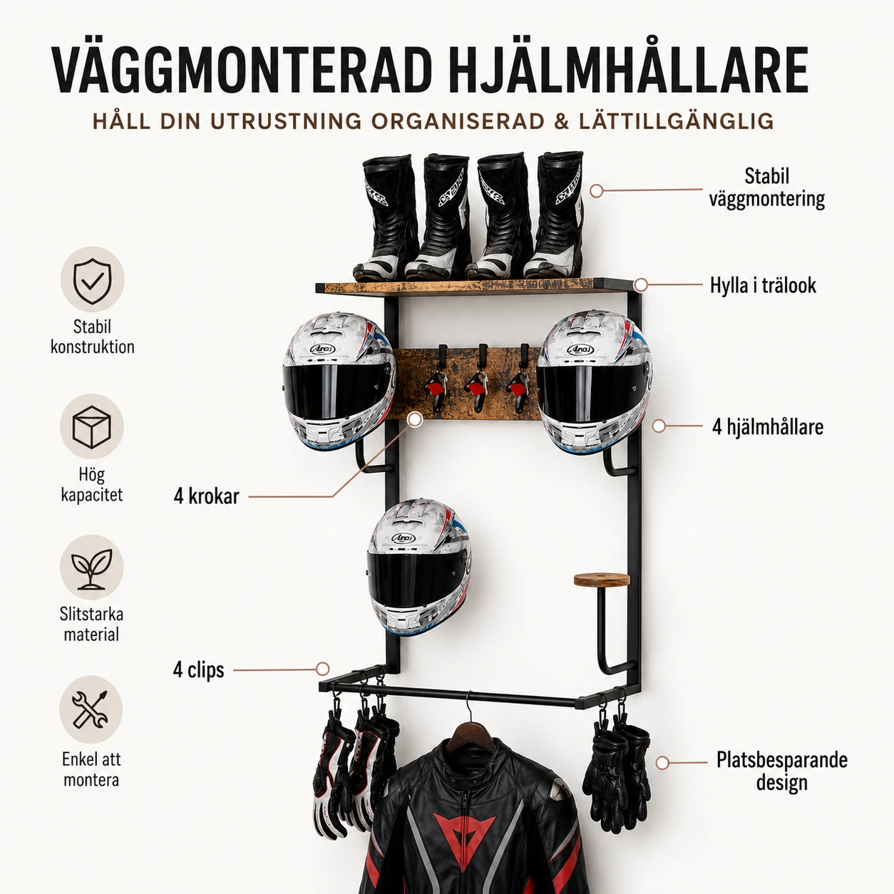 Hjälmhållare för Vägg med Hylla och Krokar