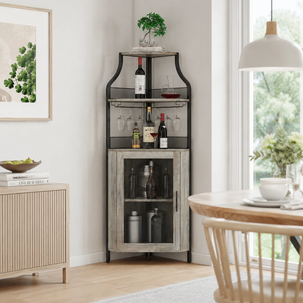 Hörnskåp för vin och glas med glashängare