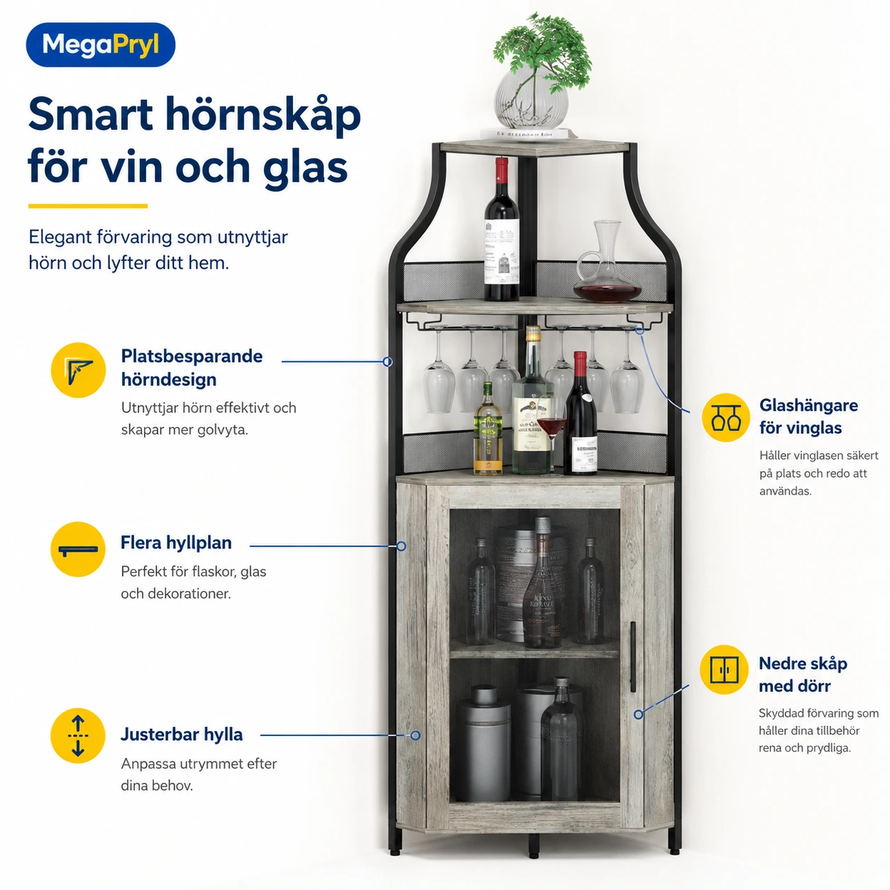 Hörnskåp för vin och glas med glashängare