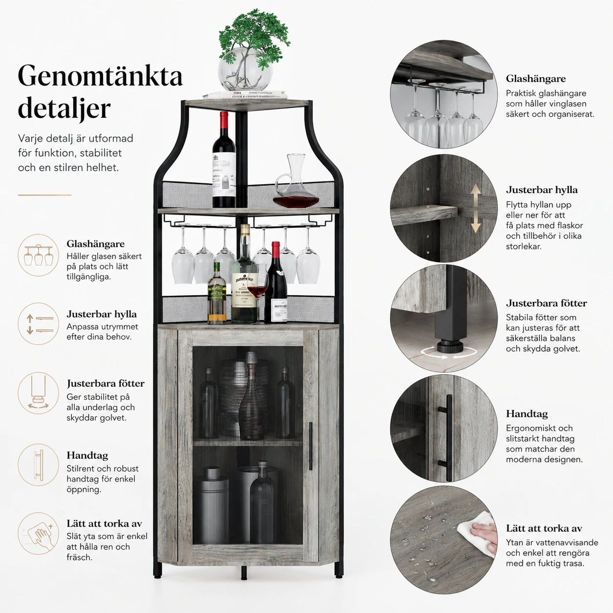 Hörnskåp för vin och glas med glashängare