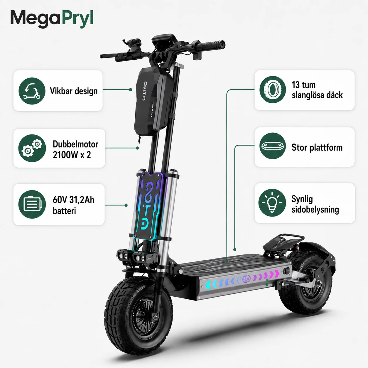 Elscooter Vikbar 13 Tum med Dubbelmotor och 60V Batteri