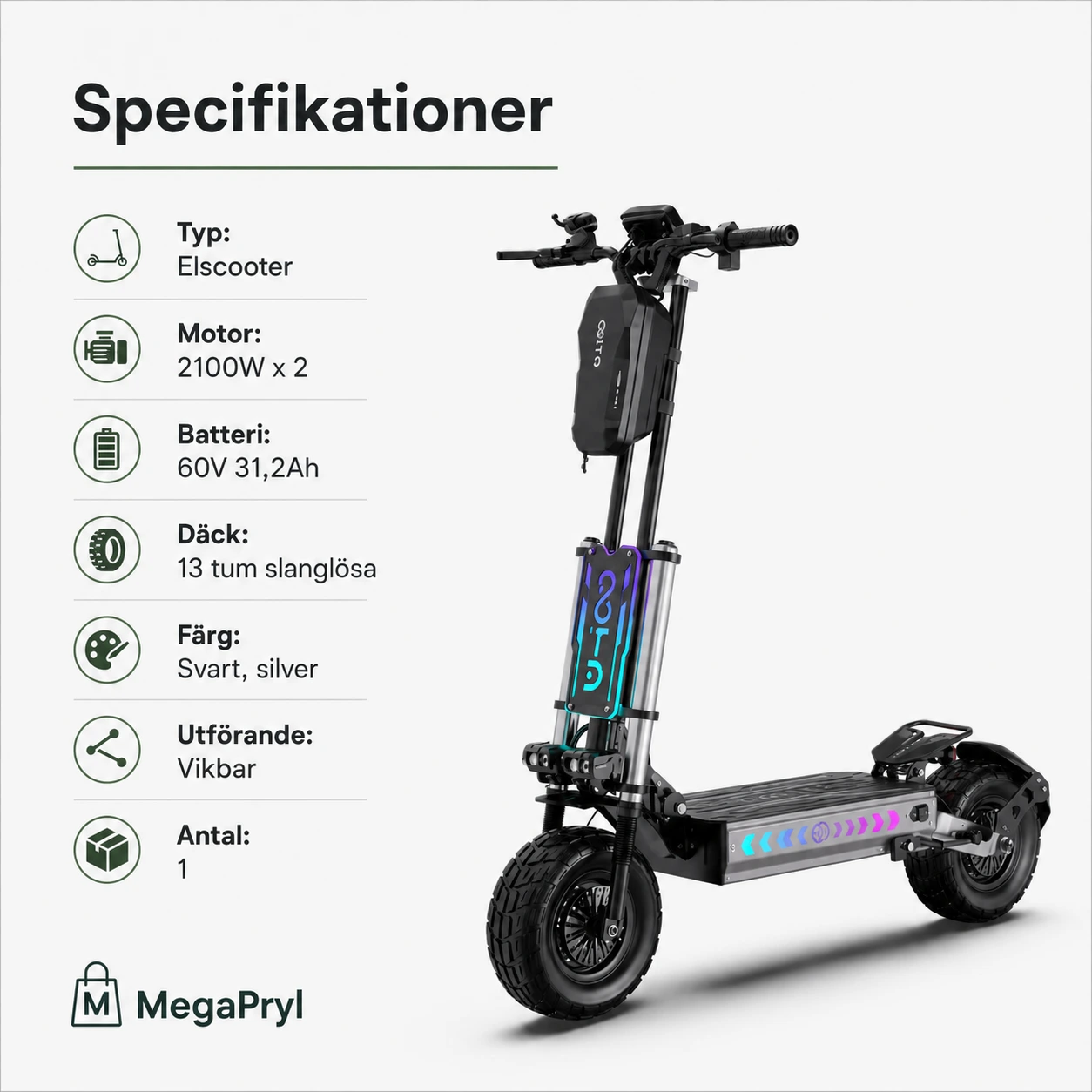 Elscooter Vikbar 13 Tum med Dubbelmotor och 60V Batteri