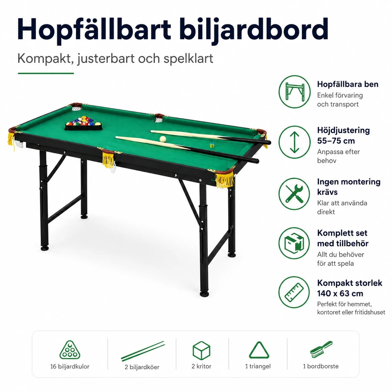 Hopfällbart biljardbord med höjdjustering 140 x 63 cm