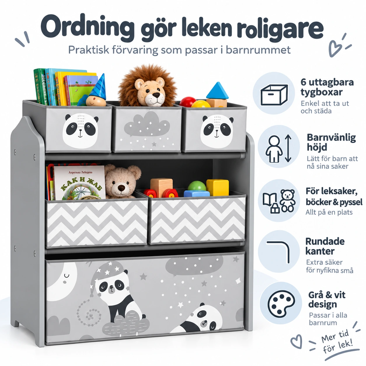 Leksaksförvaring för barn med 6 tygboxar