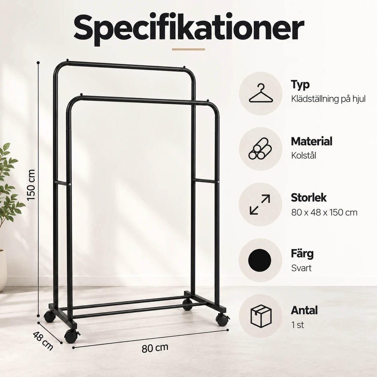 Klädställning på hjul för tvätt och förvaring, dubbla stänger