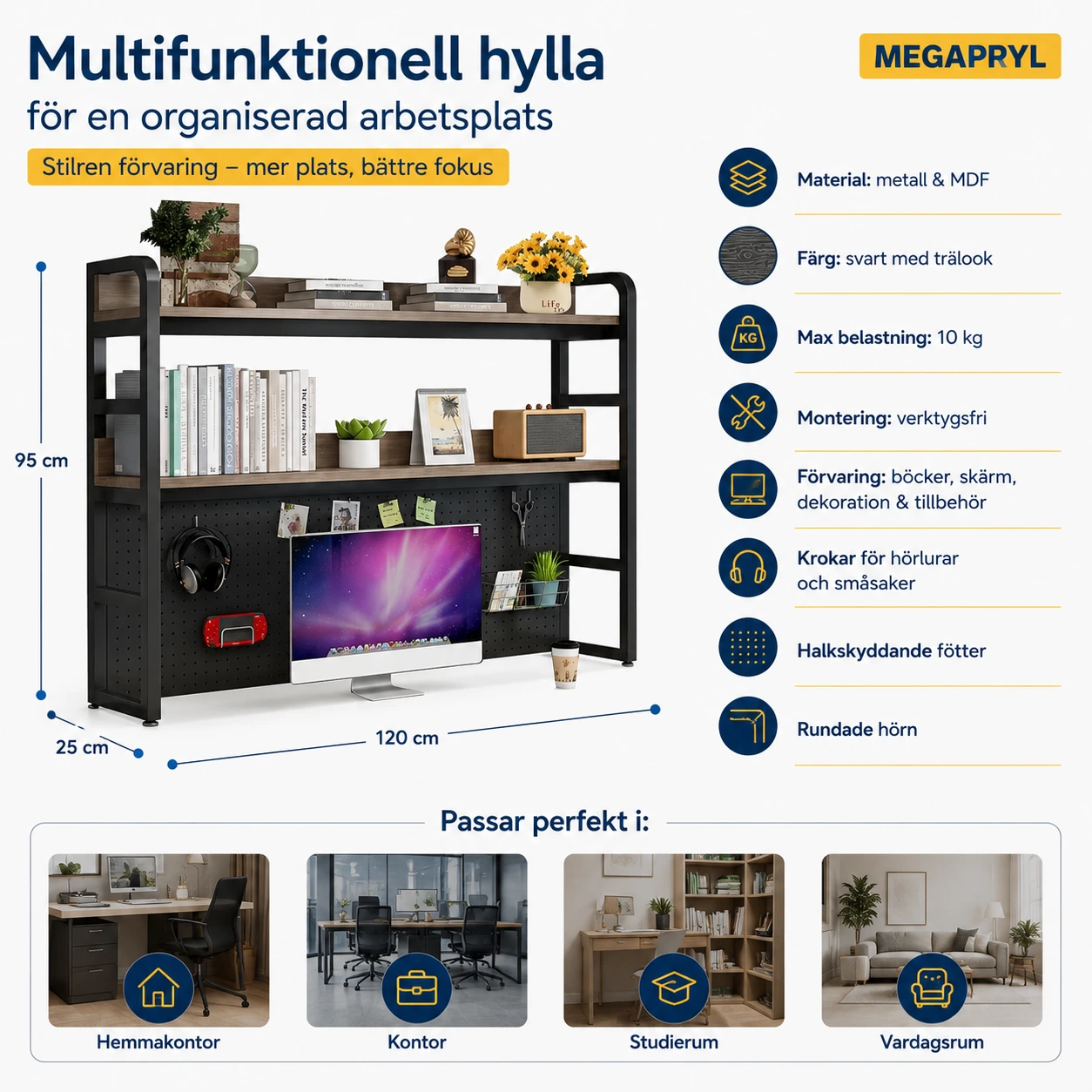 Skrivbordsställ i Metall och Trä med Hyllor och Förvaring