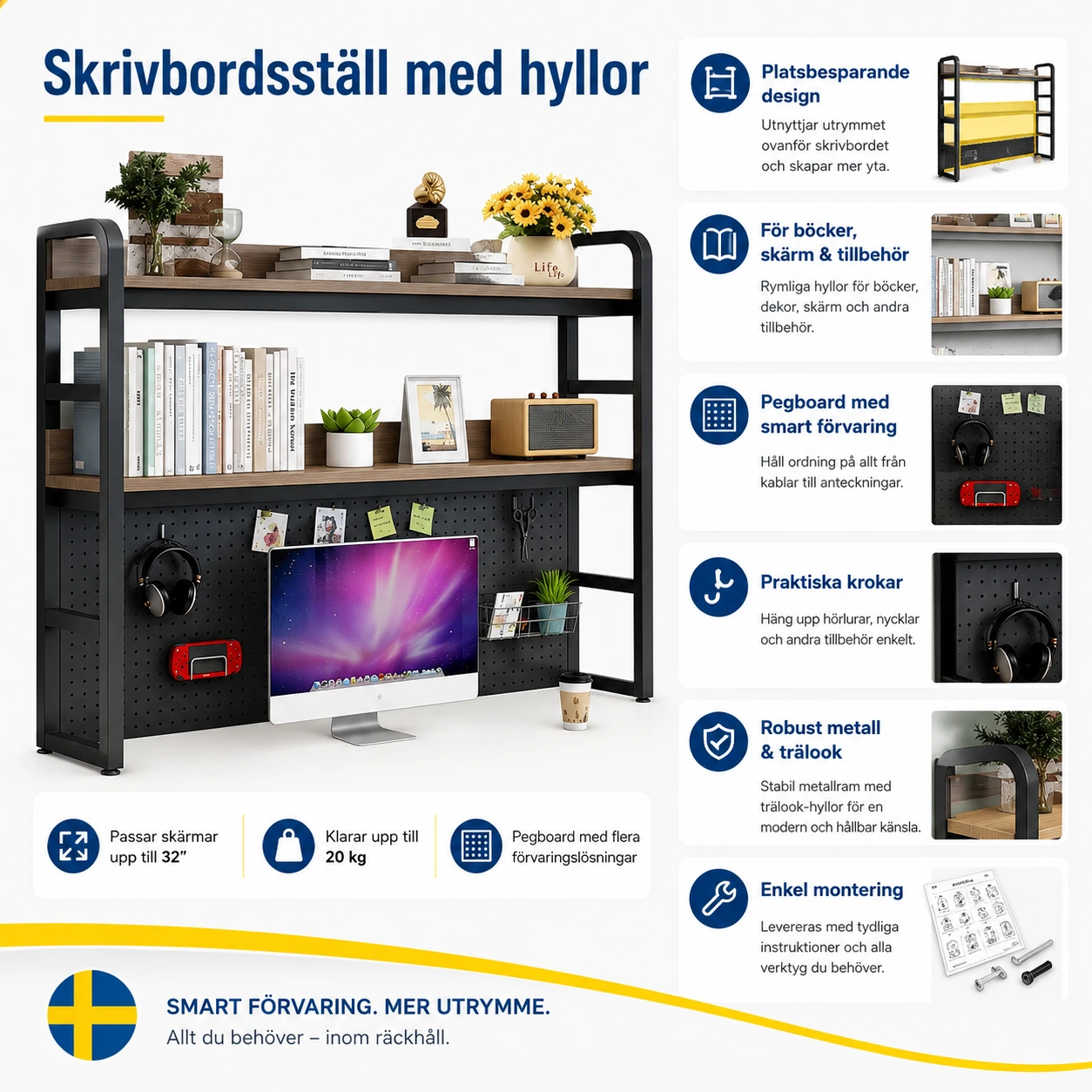 Skrivbordsställ i Metall och Trä med Hyllor och Förvaring