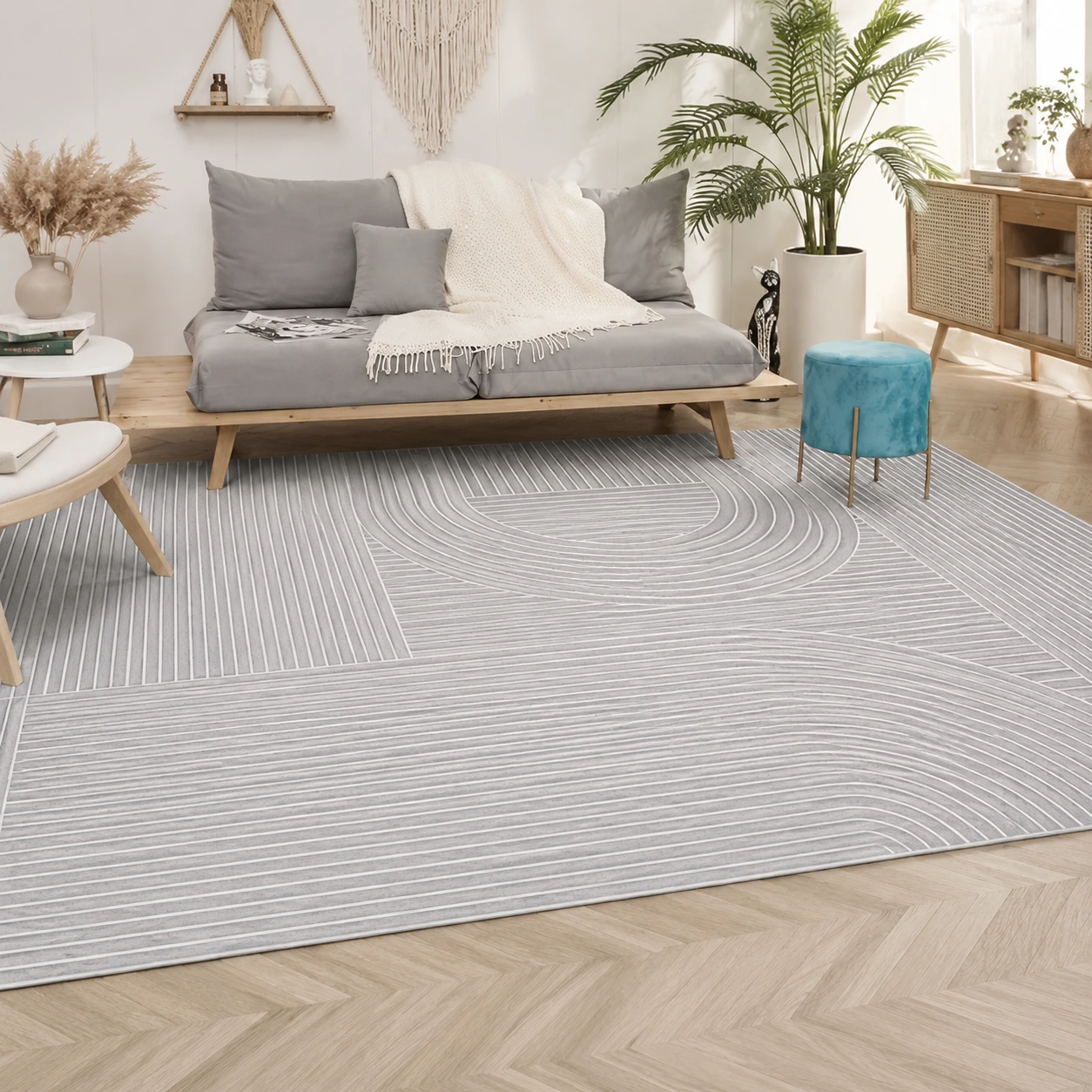 Tvättbar Grå Matta med Geometriskt Mönster – 150 x 210 cm