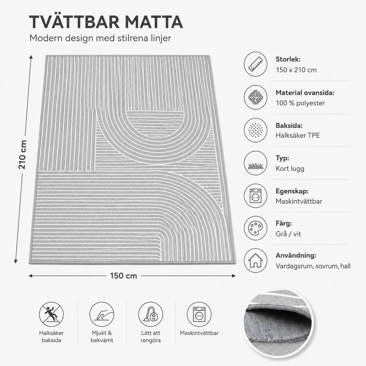 Tvättbar Grå Matta med Geometriskt Mönster – 150 x 210 cm