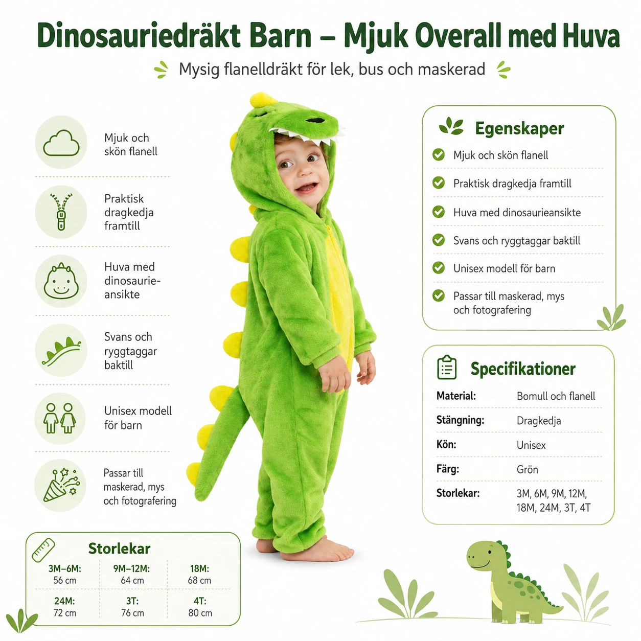 Dinosauriedräkt för Barn – Mjuk Flanelloverall med Huva