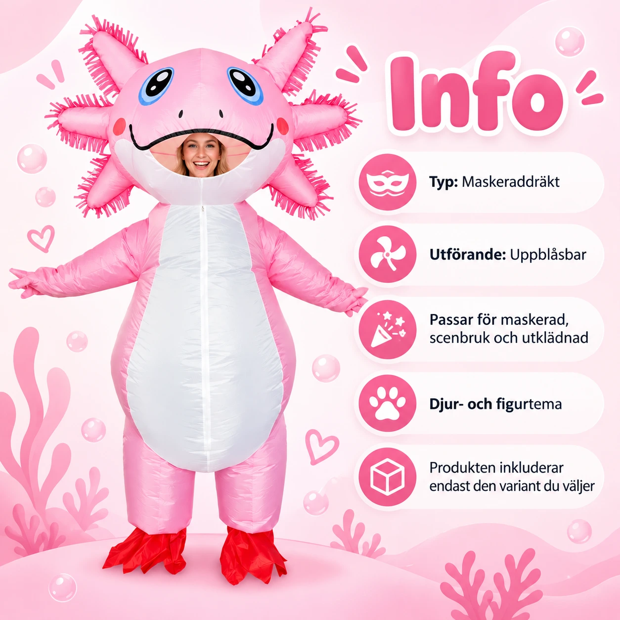 Uppblåsbar Rosa Axolotl Maskeraddräkt för Vuxna