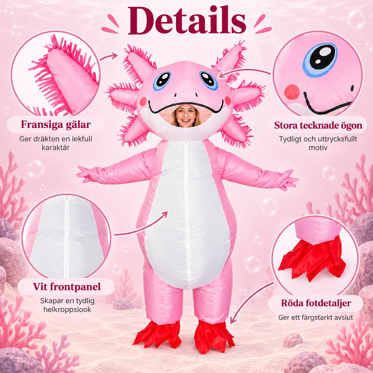 Uppblåsbar Rosa Axolotl Maskeraddräkt för Vuxna