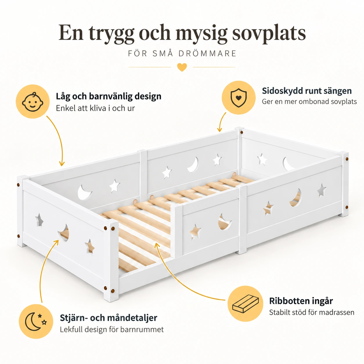 Barneseng 90x200 cm i massiv furu med sengekant, hvit