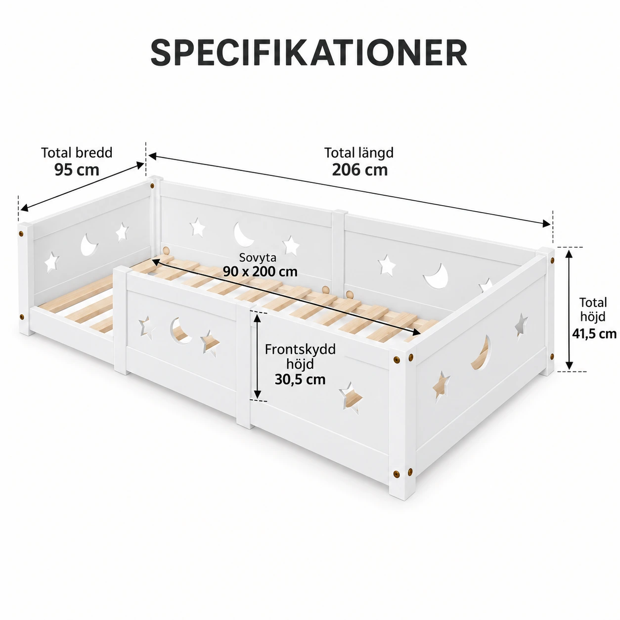 Barneseng 90x200 cm i massiv furu med sengekant, hvit