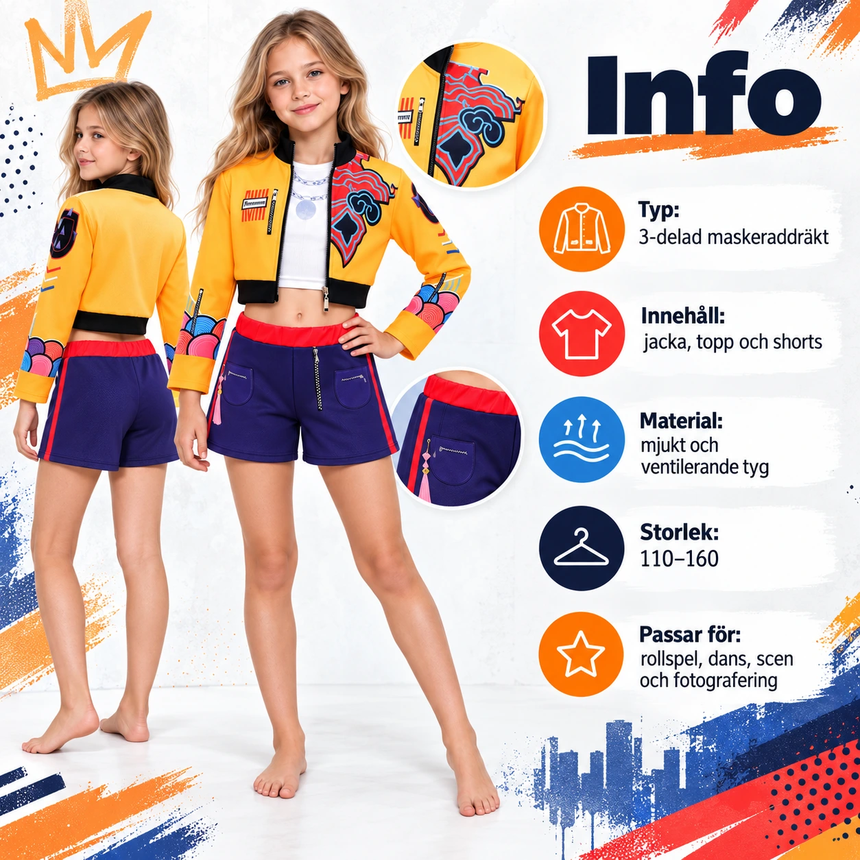 Gul och Lila Modern Anime Dräkt med Jacka, Vit Topp och Shorts