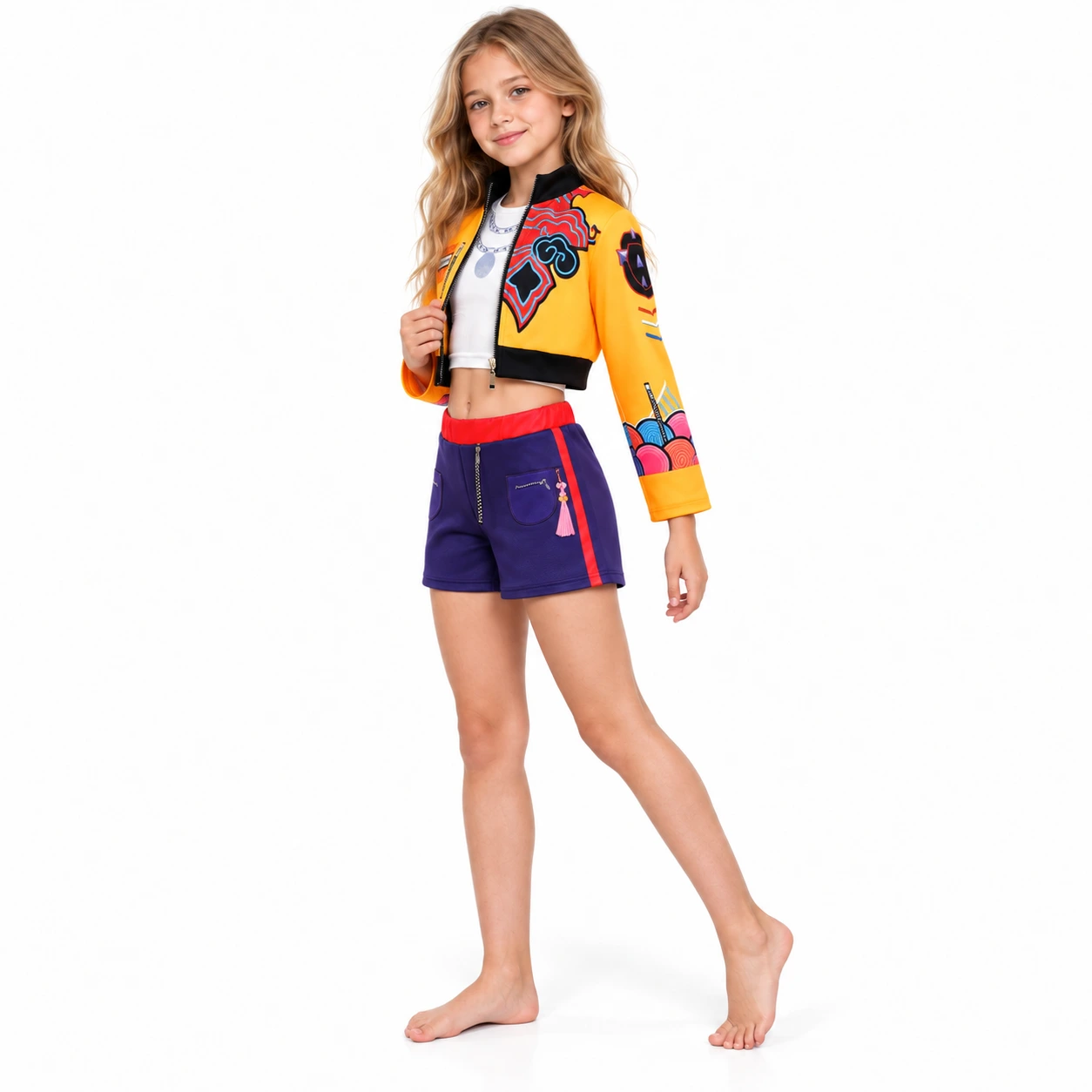 Gul och Lila Modern Anime Dräkt med Jacka, Vit Topp och Shorts