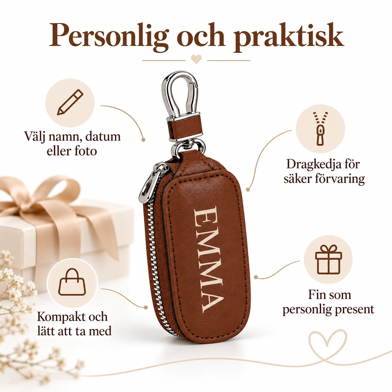 Personlig nøkkeletui med glidelås og egen tekst eller foto