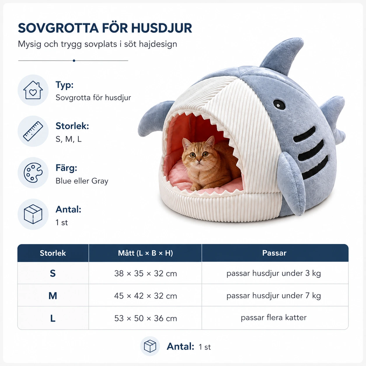 Hajformad sovgrotta för katt och liten hund