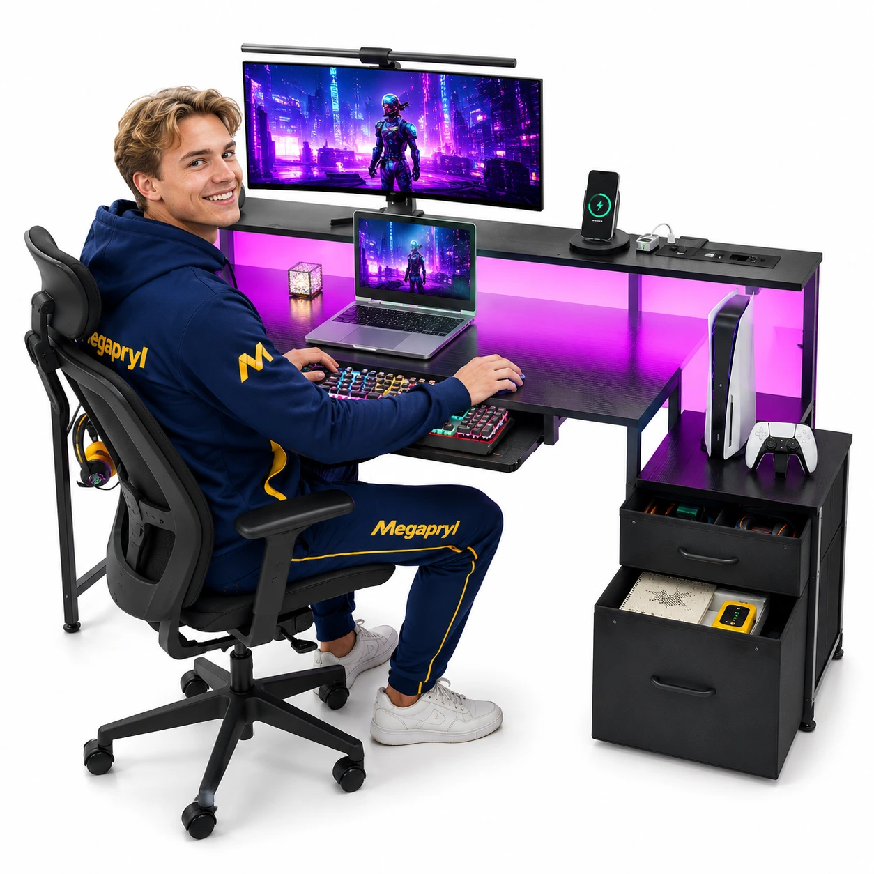 Gamingbord med LED, USB och Förvaringslådor