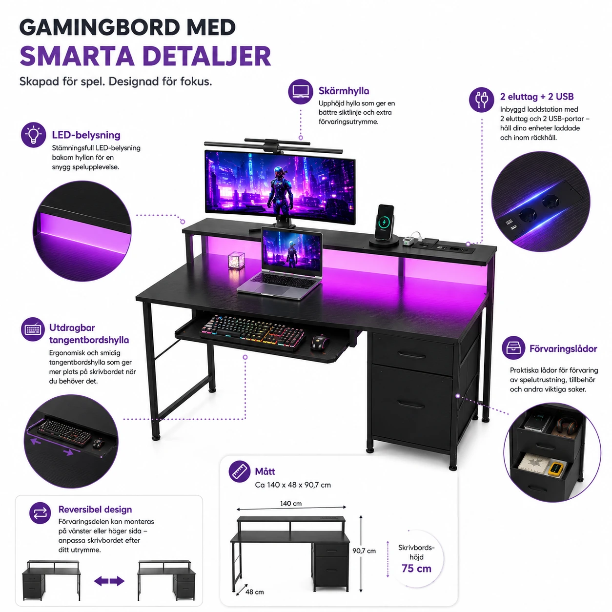 Gamingbord med LED, USB och Förvaringslådor