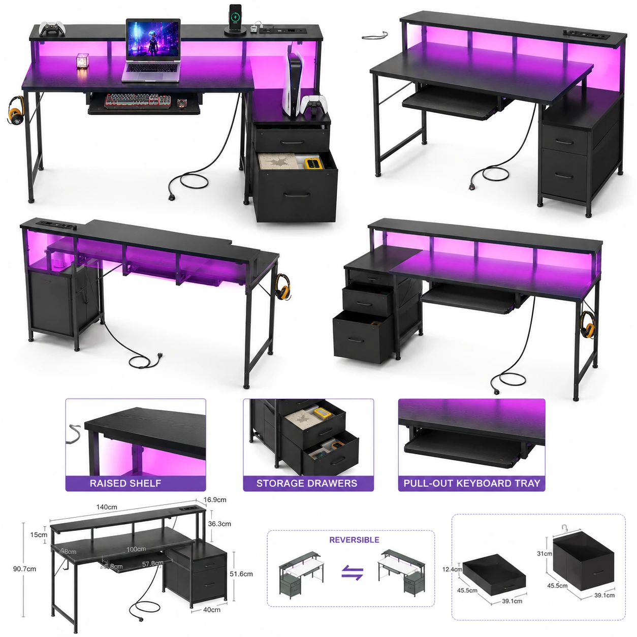 Gamingbord med LED, USB och Förvaringslådor