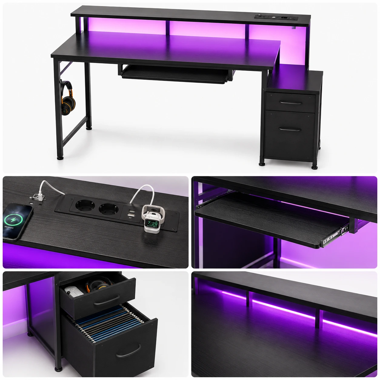 Gamingbord med LED, USB och Förvaringslådor