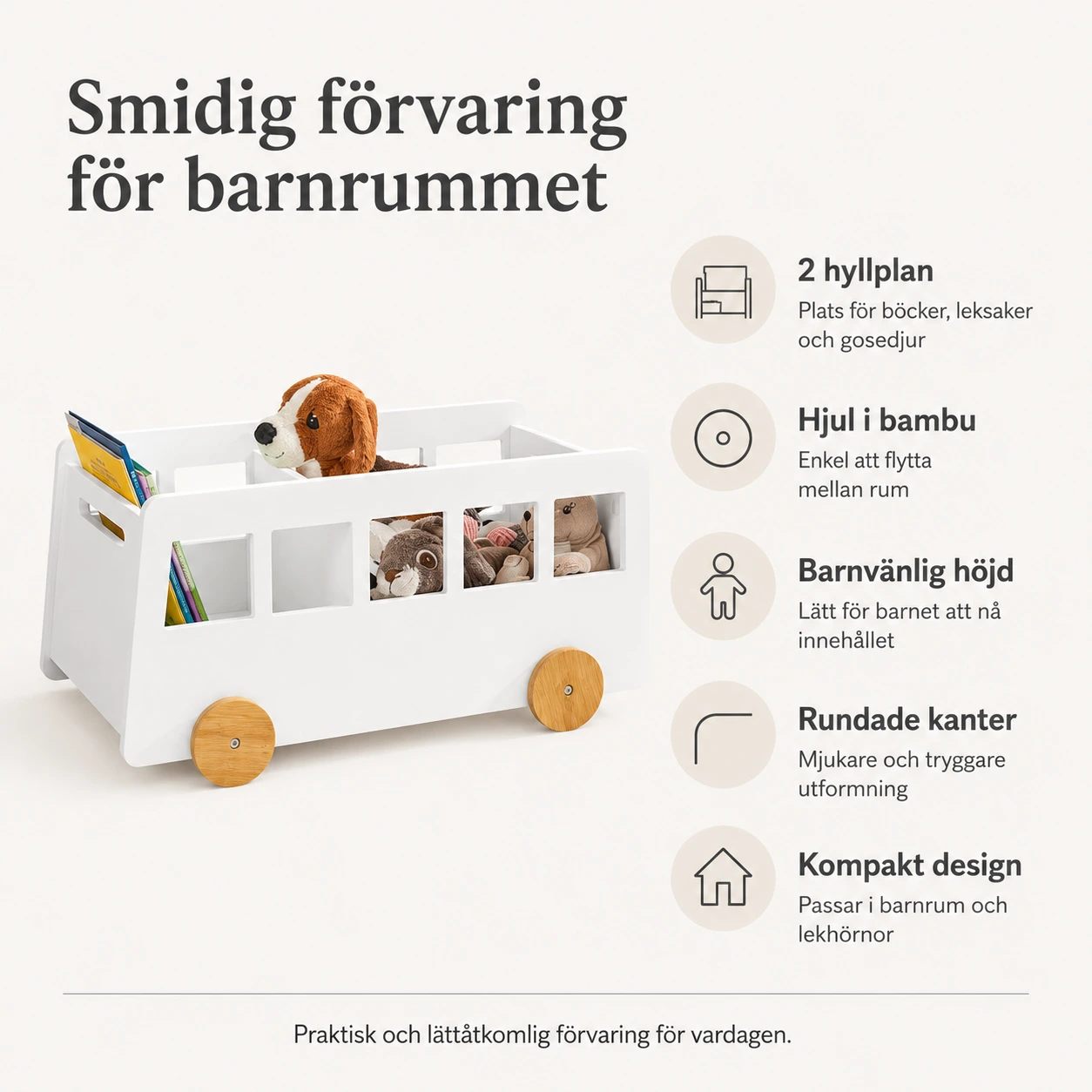Barnbokhylla på hjul för böcker och leksaker