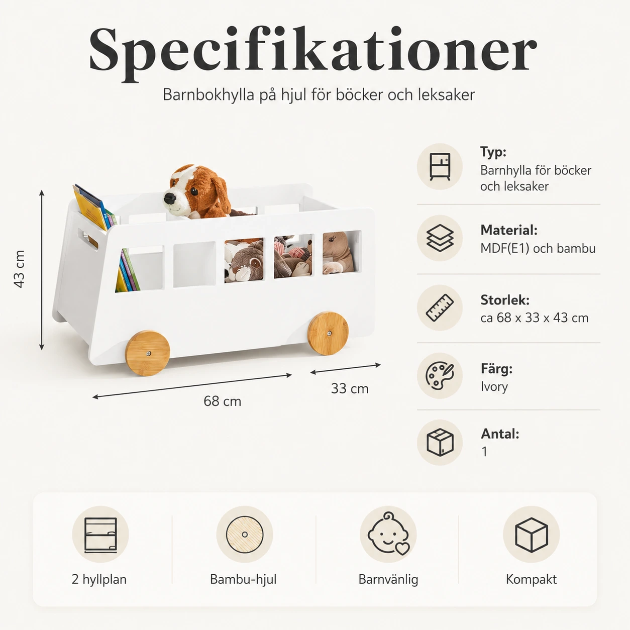 Barnbokhylla på hjul för böcker och leksaker