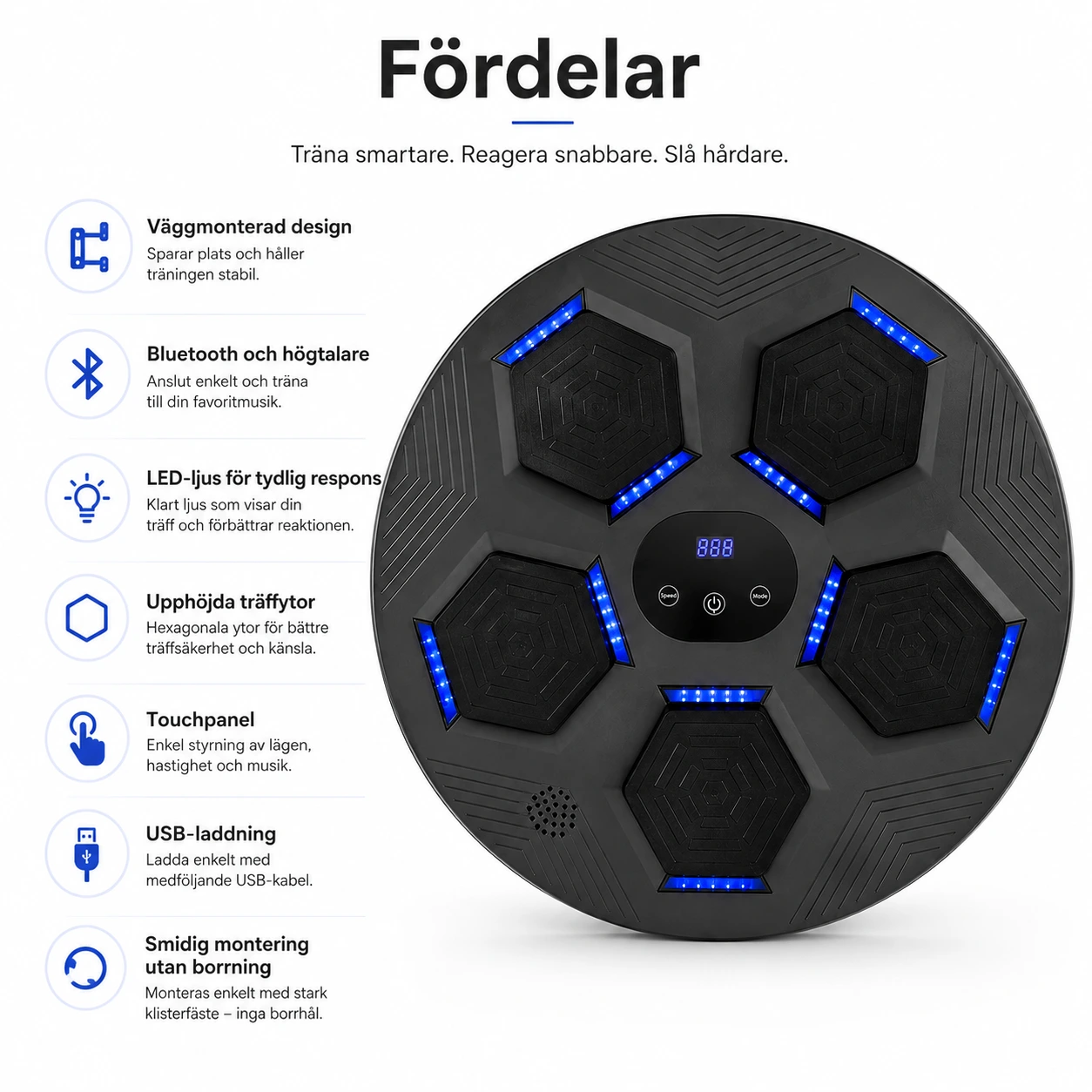Väggmonterad boxningsmaskin med Bluetooth och LED