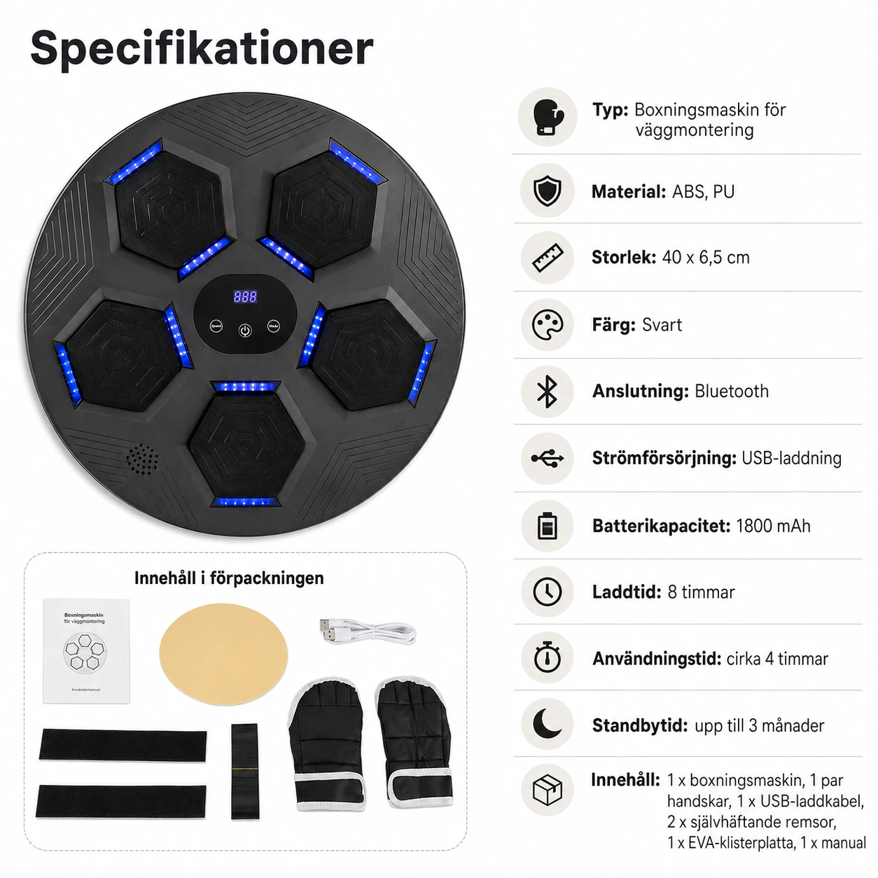 Väggmonterad boxningsmaskin med Bluetooth och LED