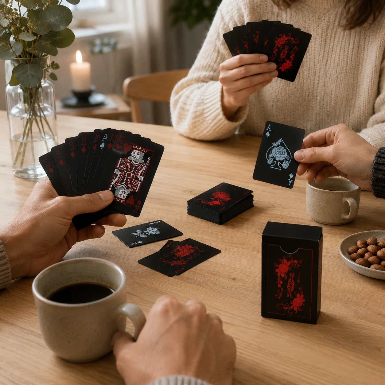 Spelkort i plast med rosdesign och svart kortlek