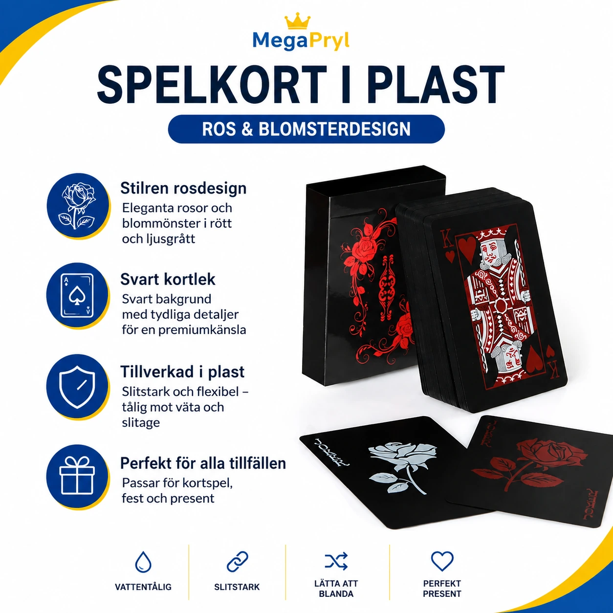 Spelkort i plast med rosdesign och svart kortlek