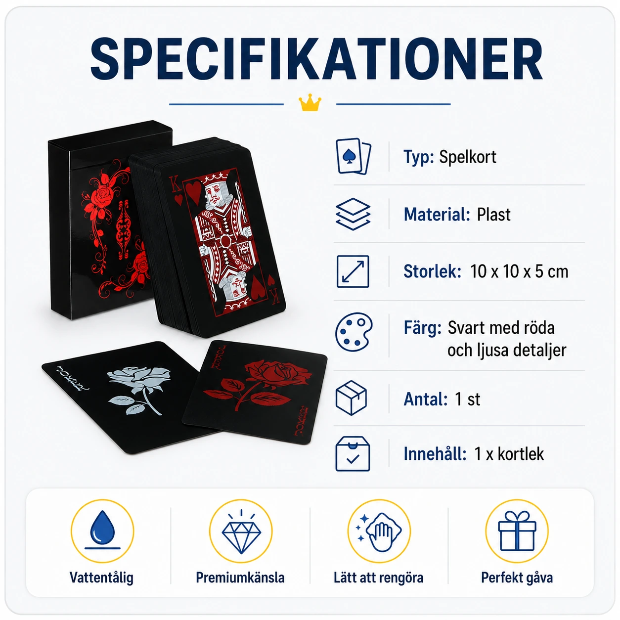 Spelkort i plast med rosdesign och svart kortlek