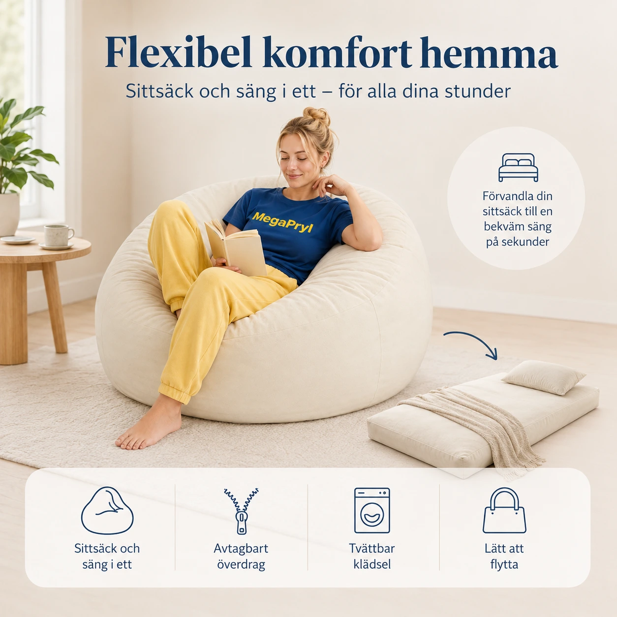 Bean bag-stol som blir säng med avtagbart överdrag