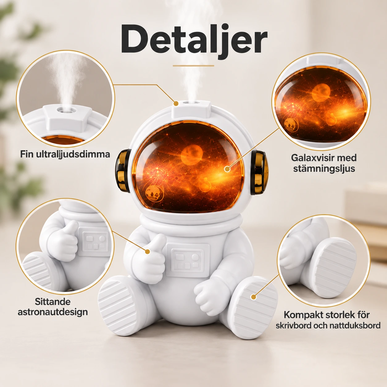 Astronaut luftfuktare med USB och stämningsljus