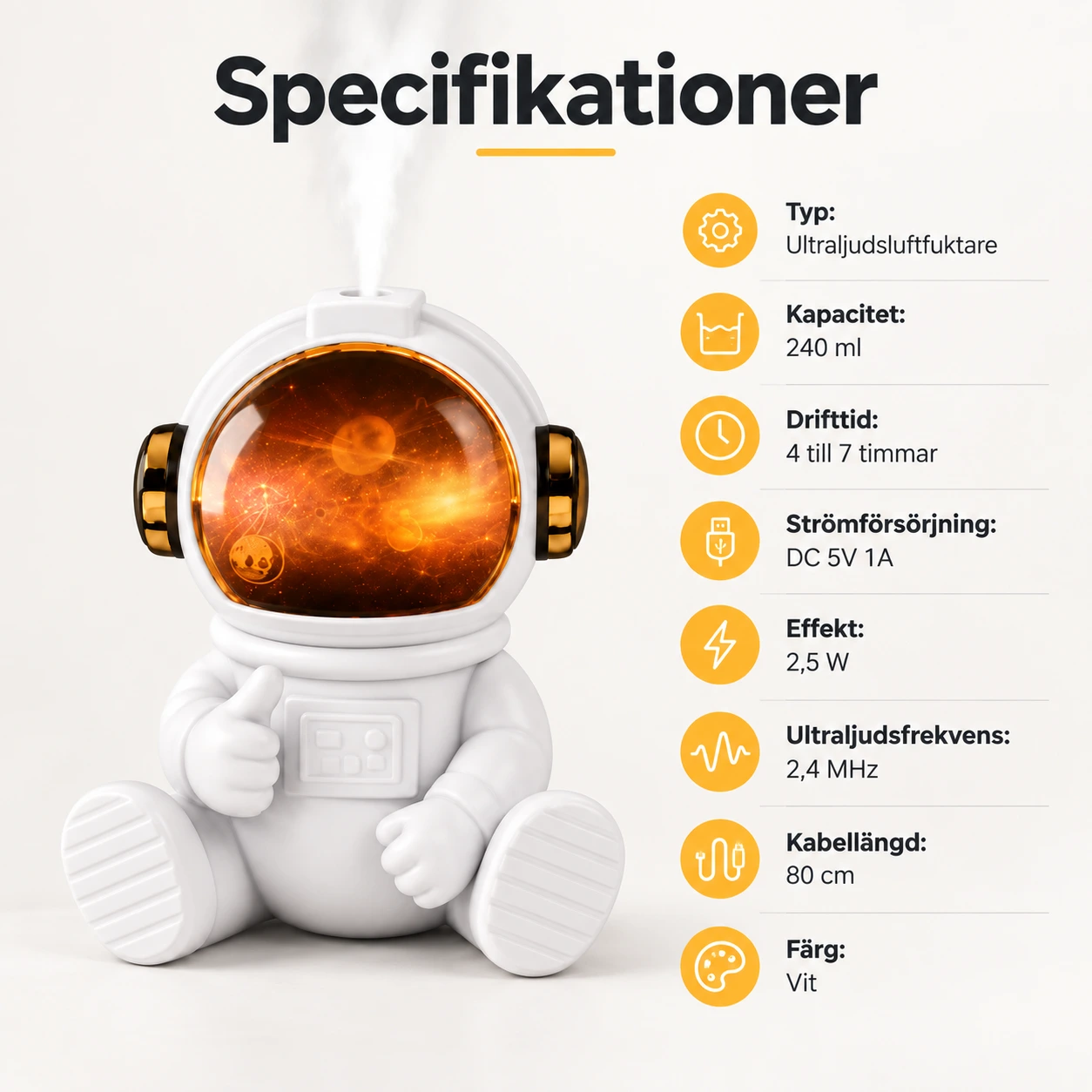 Astronautti-ilmankostutin USB-liitännällä ja tunnelmavalolla