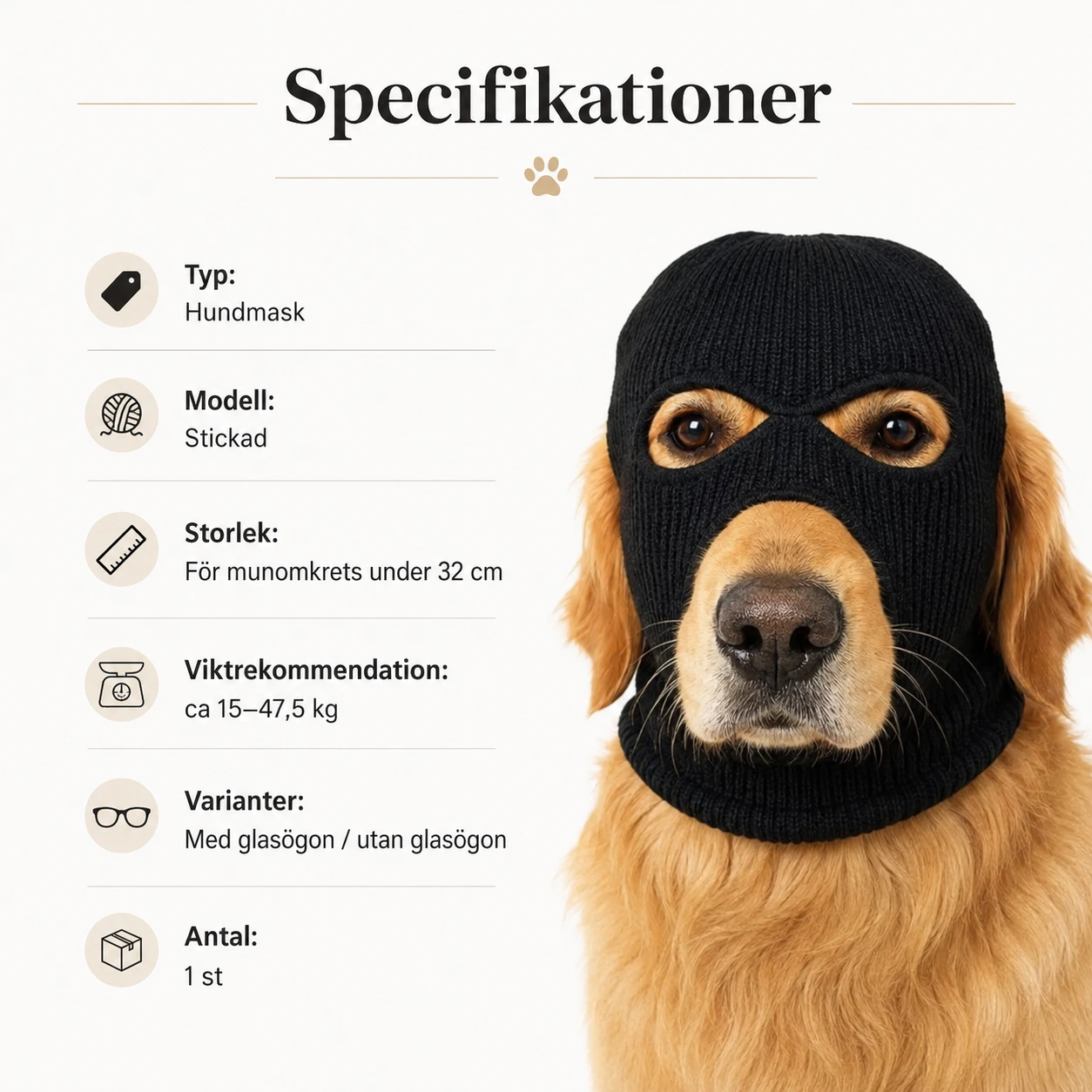 Neulottu koiranaamio keskikokoisille ja suurille koirille