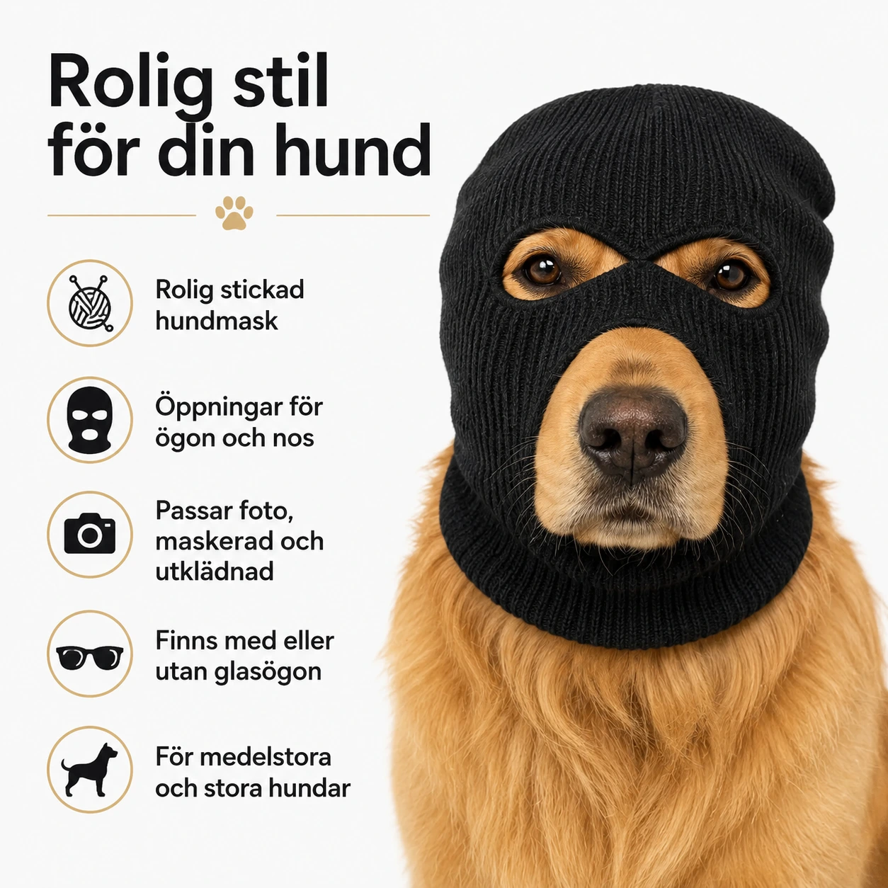 Hundmask i stickad modell för medelstora och stora hundar