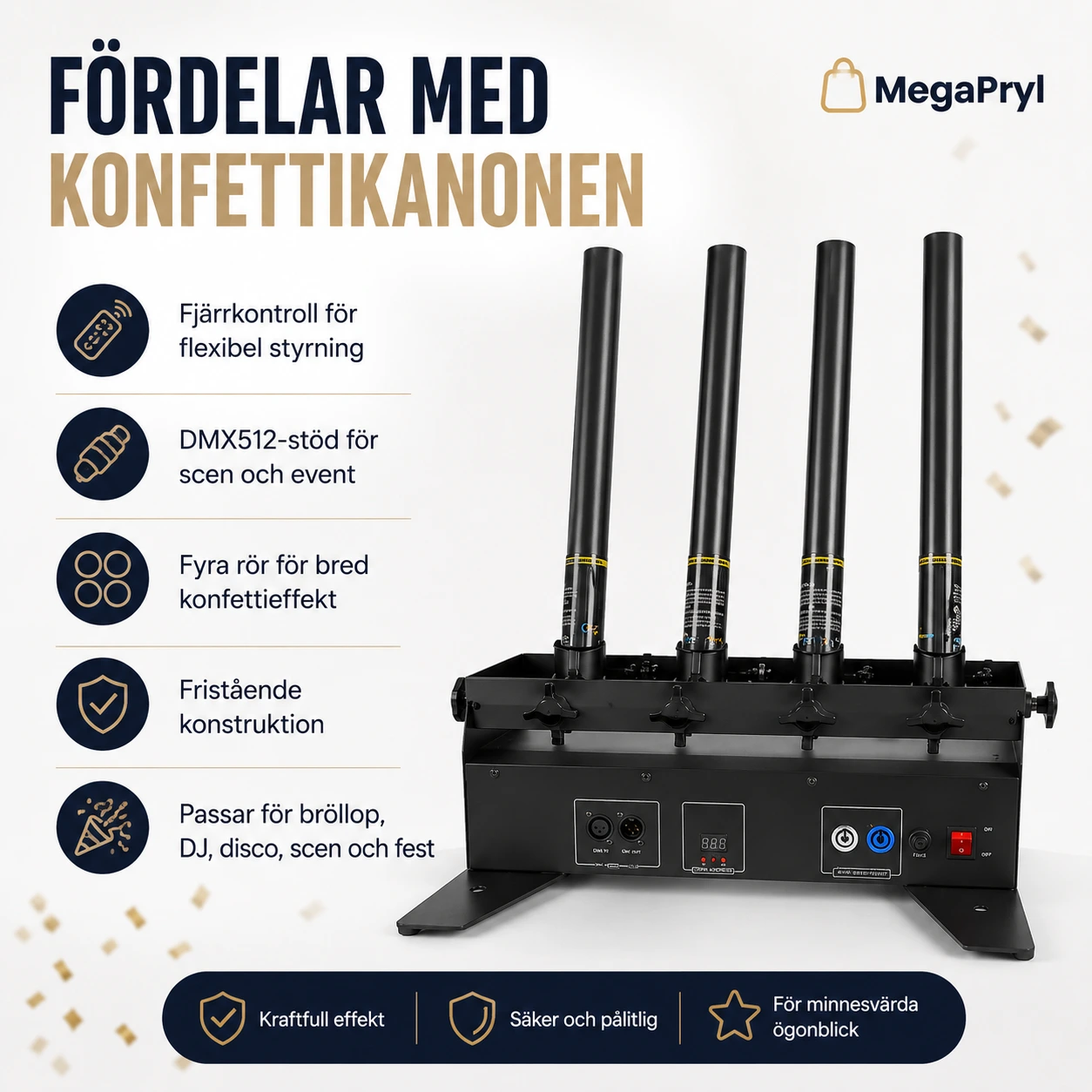 Konfettikanon med fjärrkontroll och DMX för scen och fest
