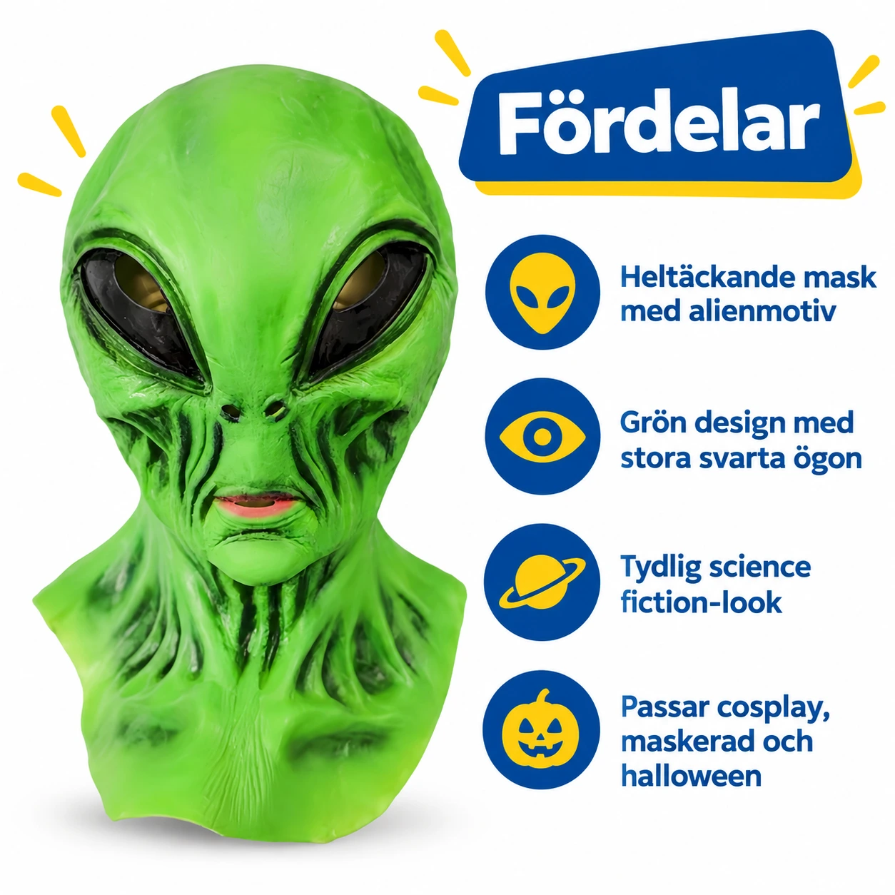 Grön Klassisk Alien Latexmask med Stora Ögon