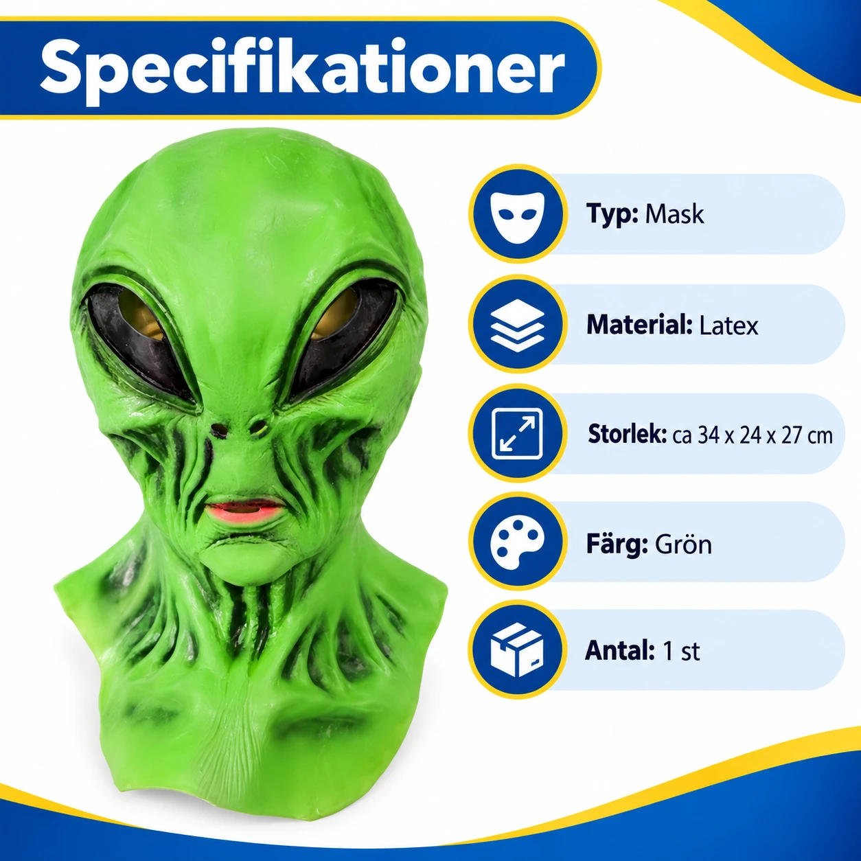 Grön Klassisk Alien Latexmask med Stora Ögon