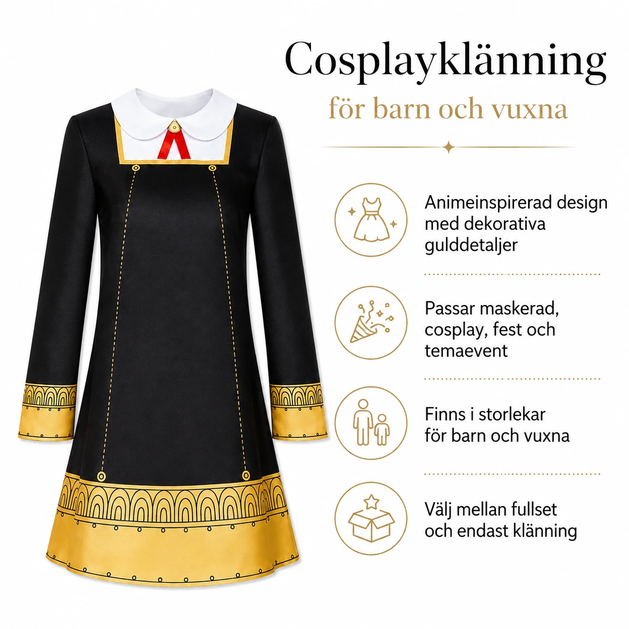 Cosplayklänning för barn och vuxna med peruk som tillval
