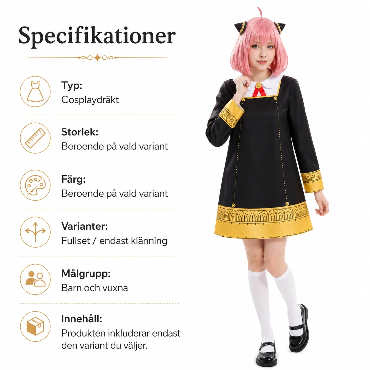 Cosplayklänning för barn och vuxna med peruk som tillval