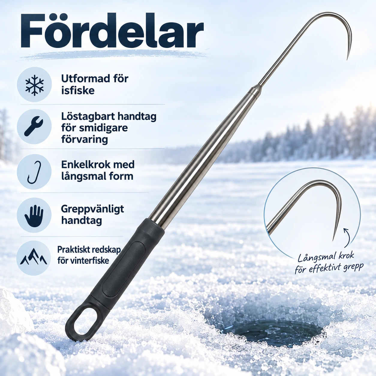 Isfiskekrok med löstagbart handtag