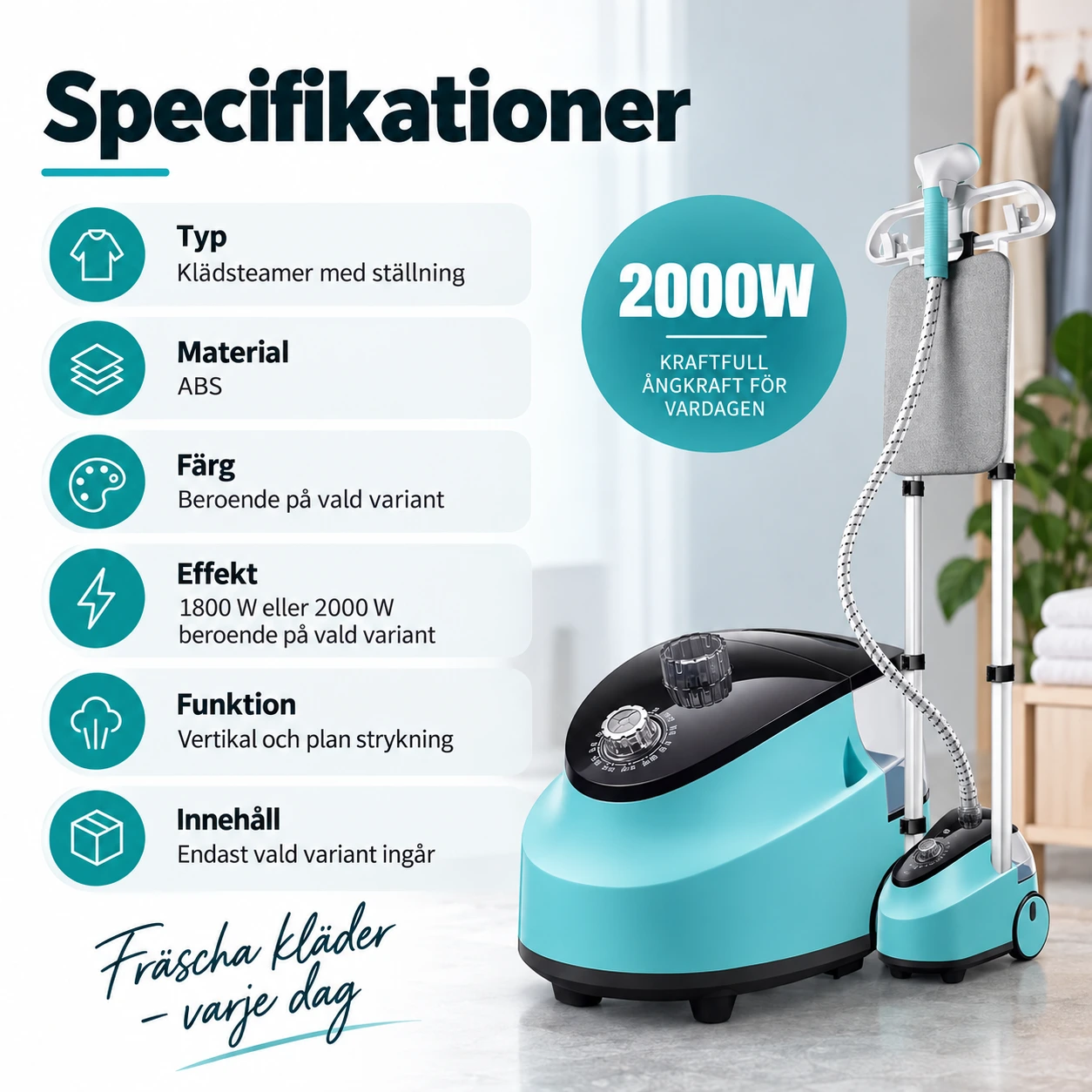 Klädsteamer med ställning för vertikal och plan strykning