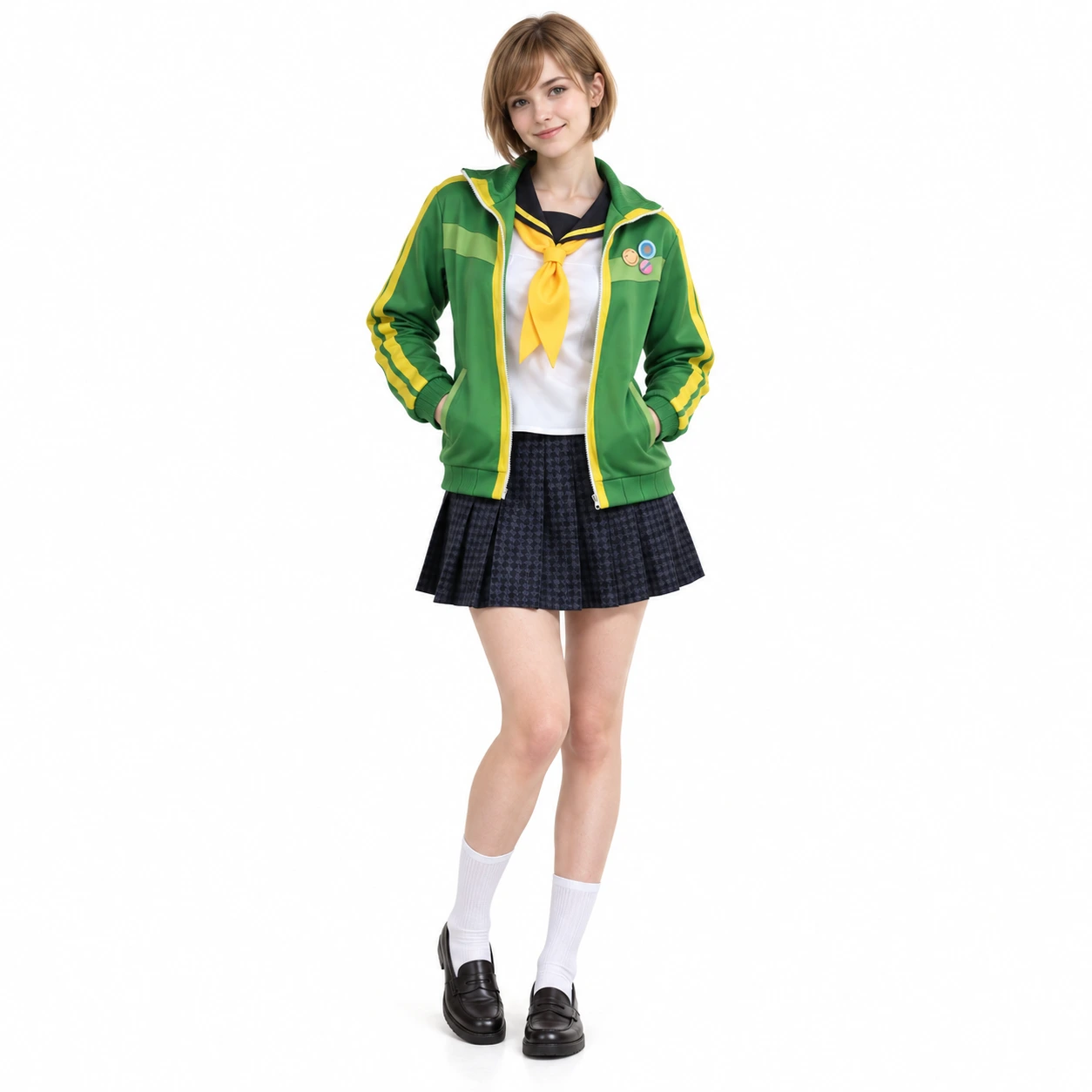 Cosplaydräkt skoluniform med grön jacka och kjol