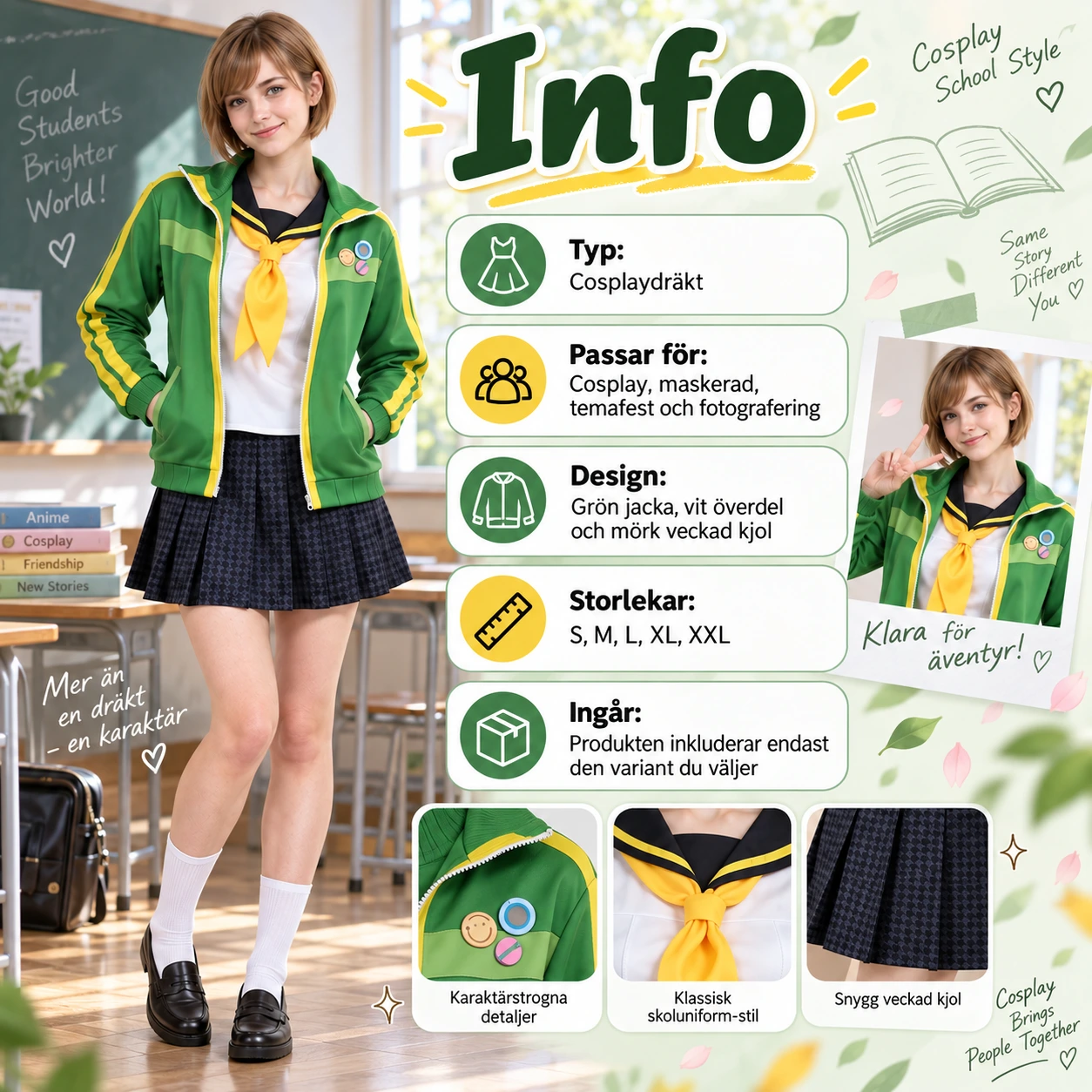 Cosplaydräkt skoluniform med grön jacka och kjol