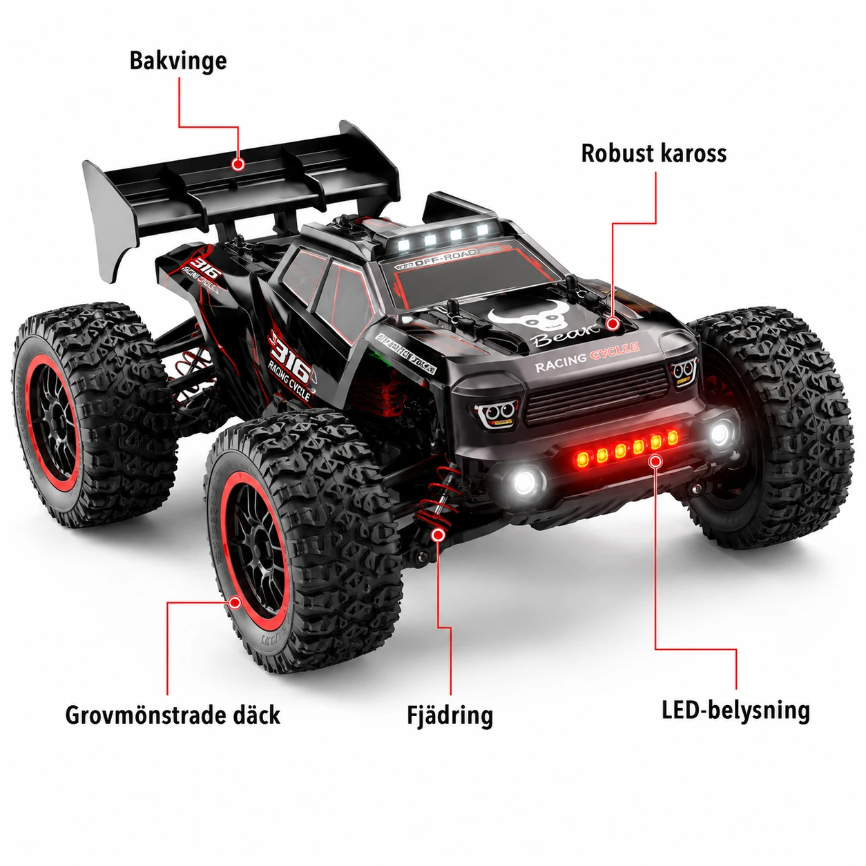 Radiostyrd offroadbil i skala 1:16 med borstlös motor
