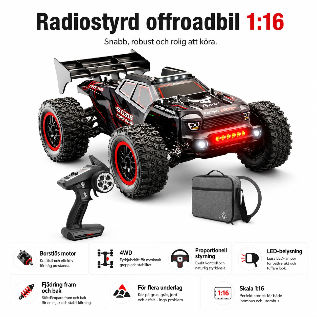 Radiostyrd offroadbil i skala 1:16 med borstlös motor