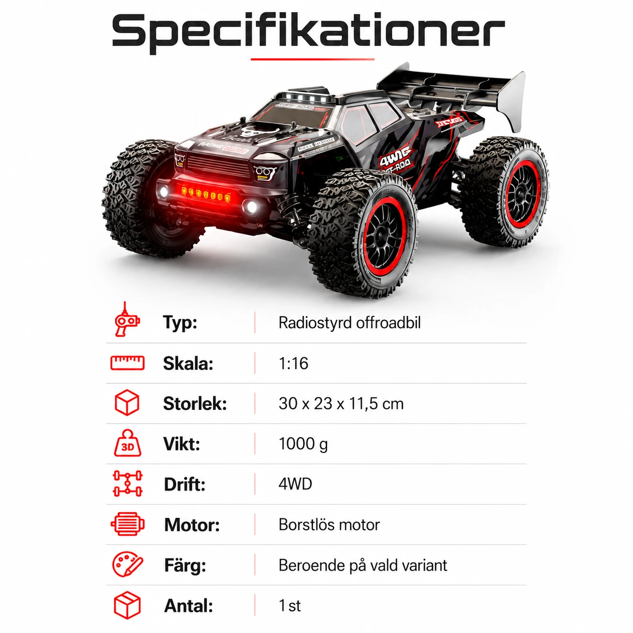 Radiostyrd offroadbil i skala 1:16 med borstlös motor